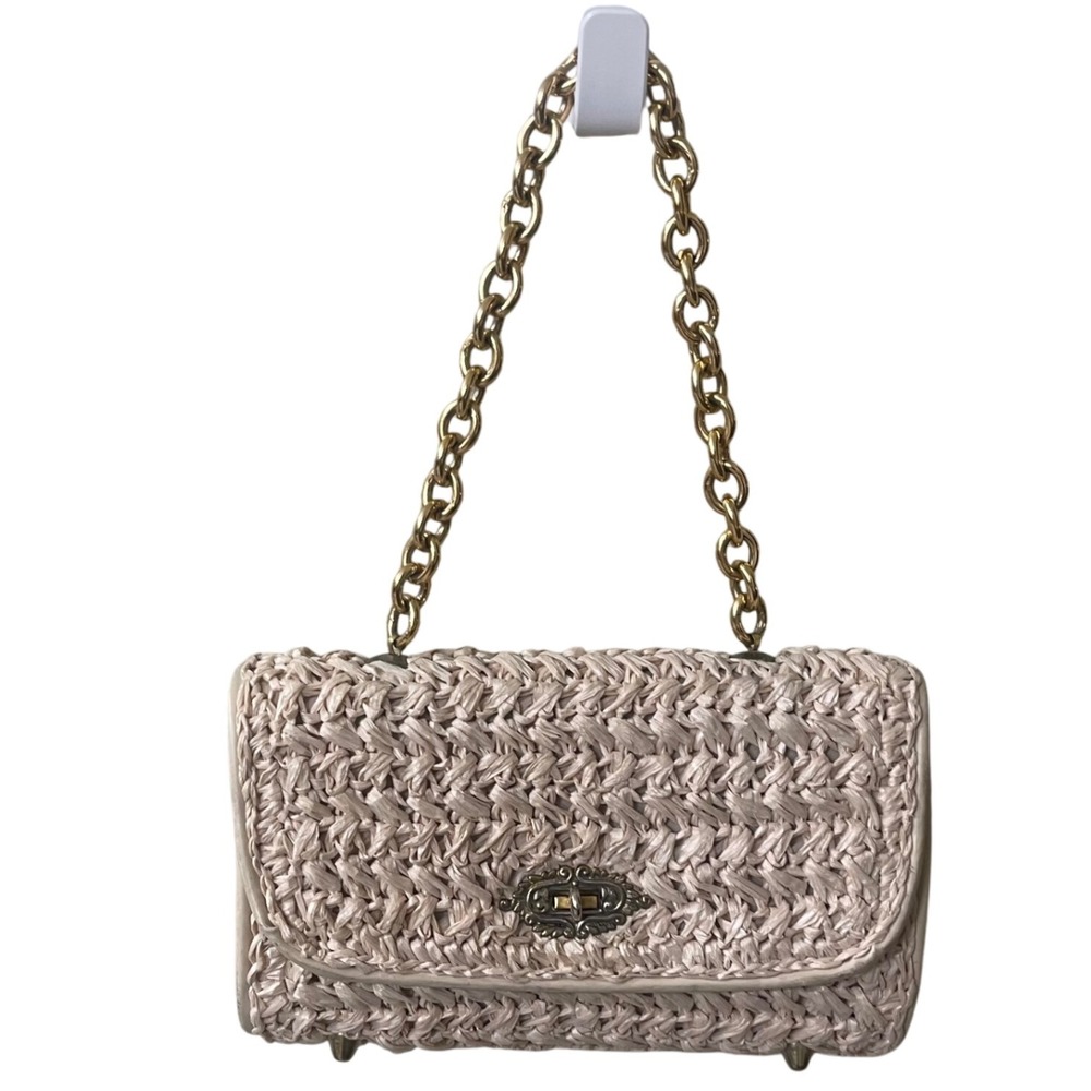 Winkelman's Straw Woven Clutch Bag Gold Chain Strap‎ Purse Vintage Japan EUC